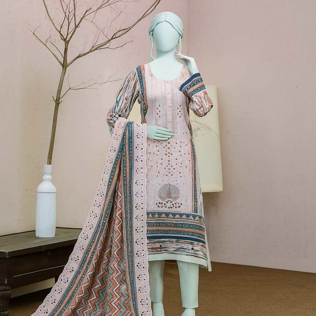 Mannequin wearing a traditional outfit with a patterned dupatta against a neutral background
