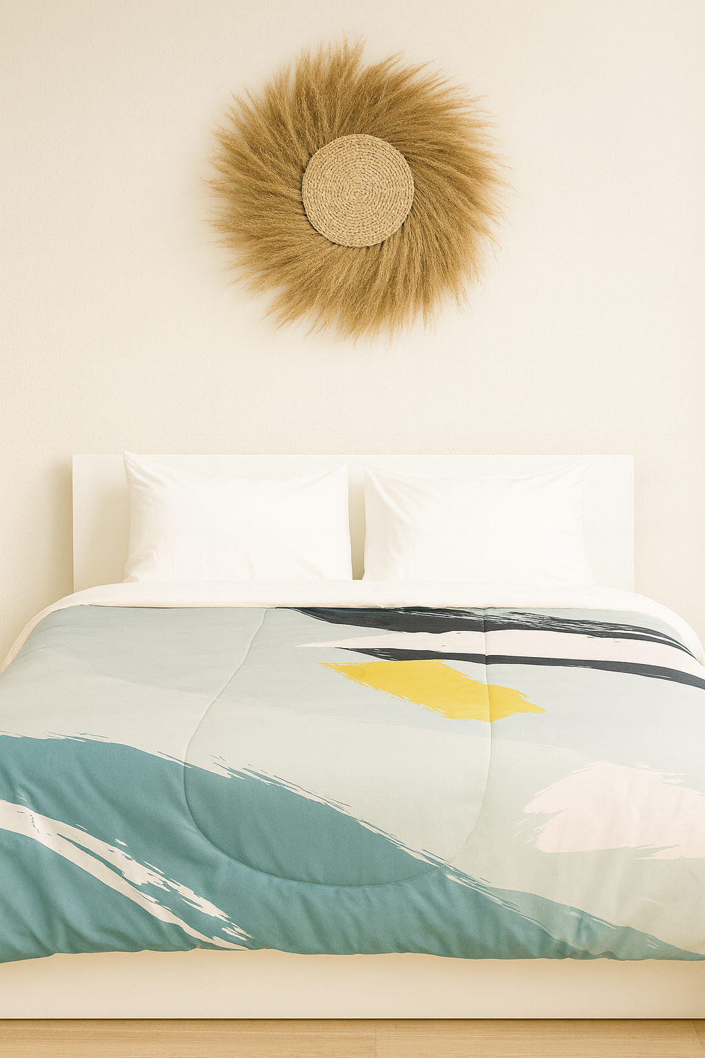 Bed with a decorative pillow and wall art in a bedroom setting