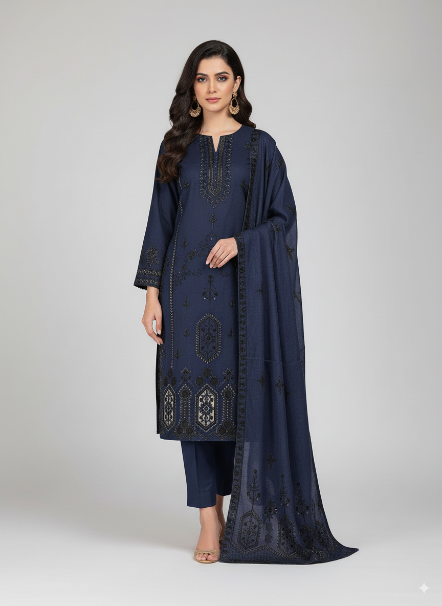 Woman wearing a navy blue embroidered outfit with a dupatta on a white background