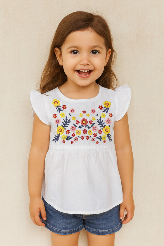 Young girl wearing a white top with floral embroidery and denim shorts against a beige background