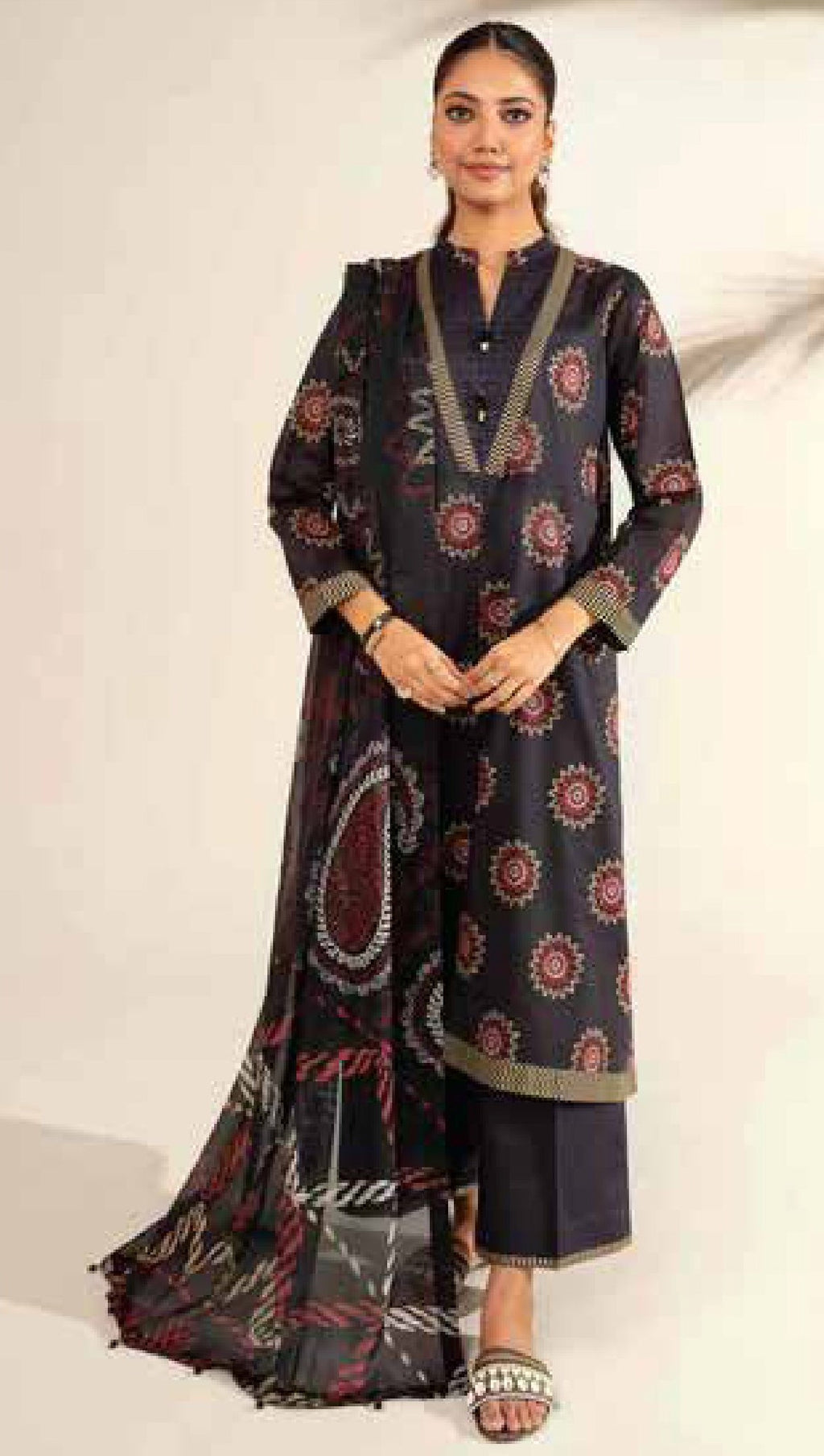  woman wearing a dark brown traditional outfit with patterned dupatta on a white background