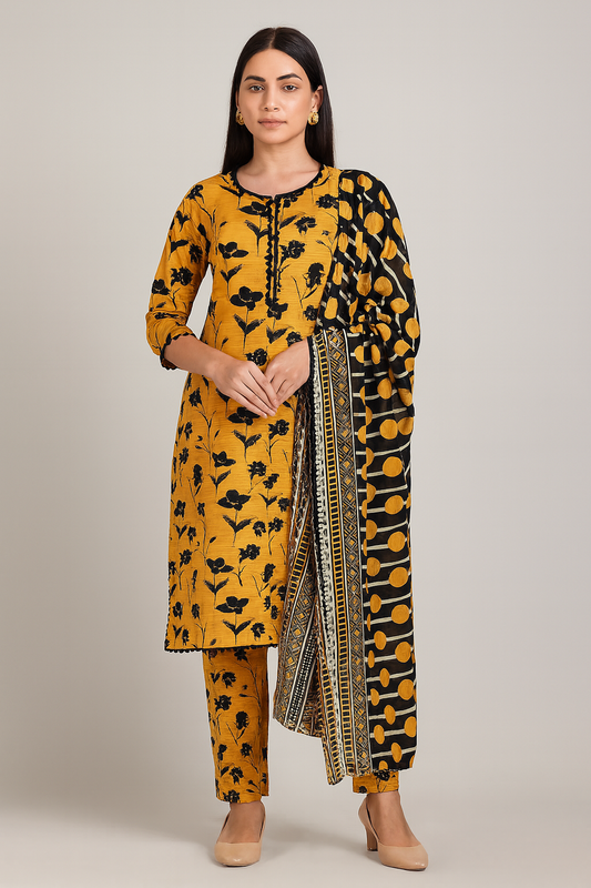 Woman wearing a yellow and black patterned outfit with a plain background