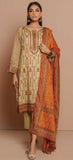 Woman wearing a traditional outfit with a beige kurta, orange dupatta, and green pants against a beige background.