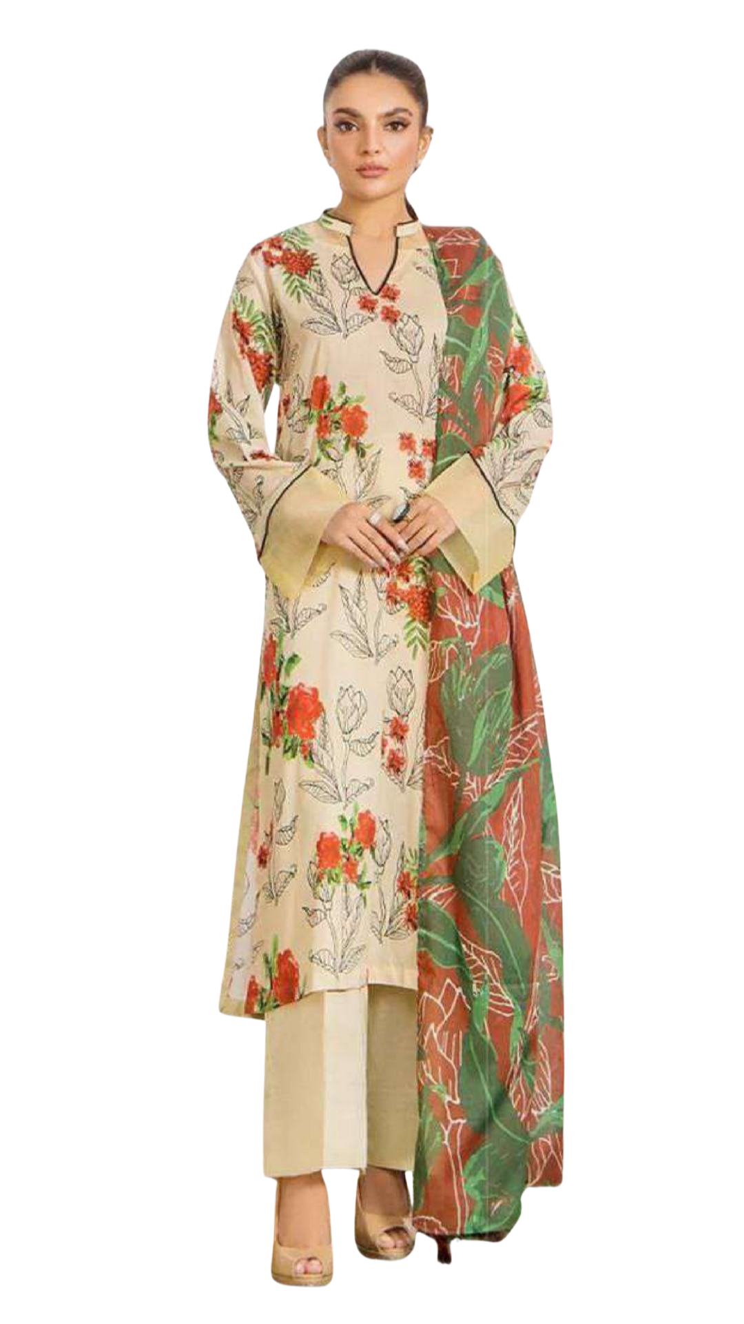 Woman wearing a floral dress with a green and red pattern on a white background