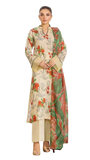 Woman wearing a floral dress with a green and red pattern on a white background