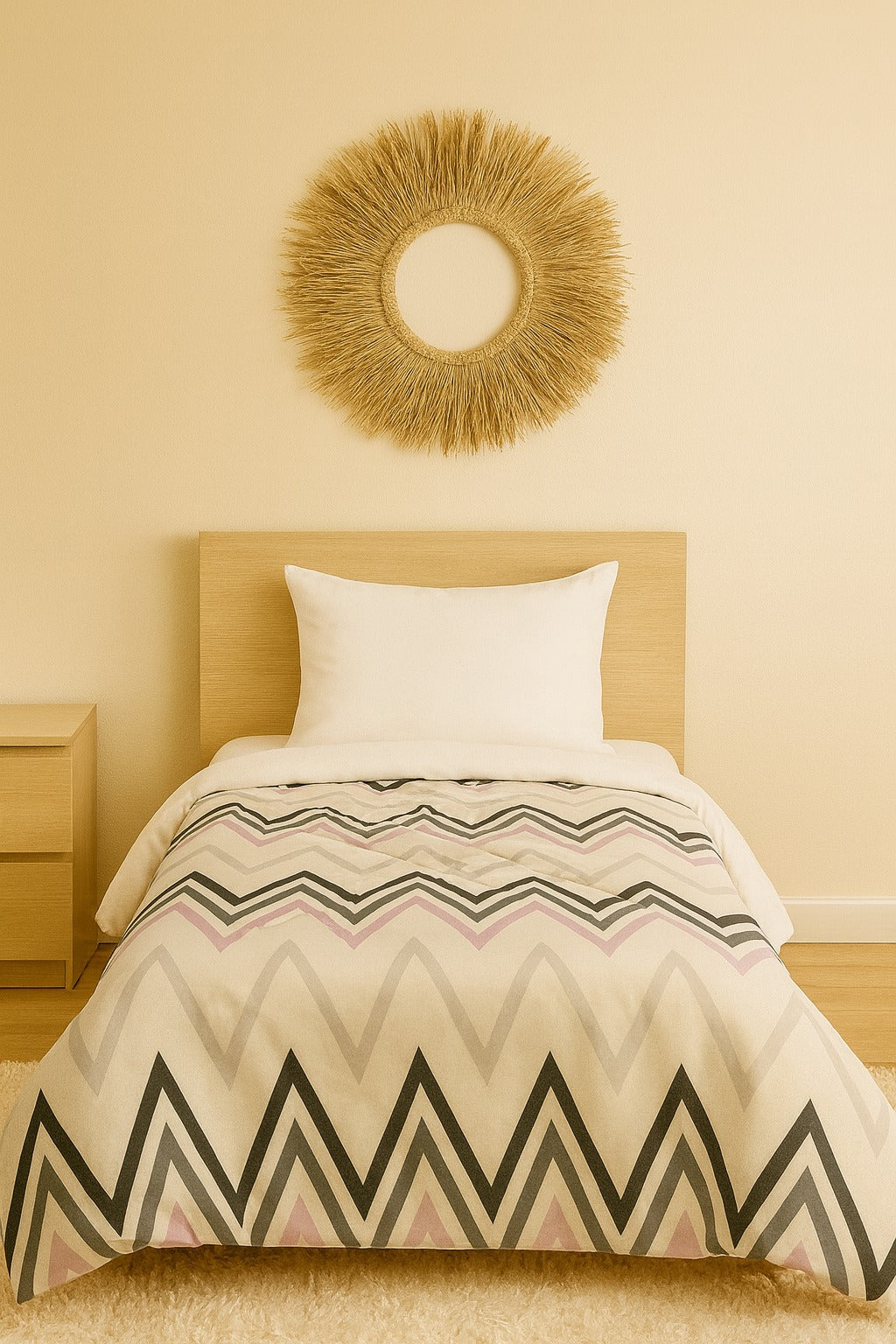 Bedroom with a zigzag patterned comforter on a bed against a beige wall with a decorative round mirror.
